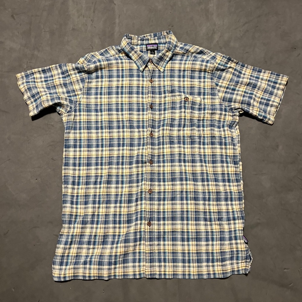 Patagonia A/C Button Up Shirt Men Large Blue Plaid Organic Cotton Short Sleeve